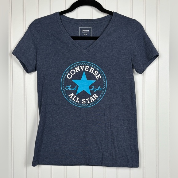 Converse Chuck Taylor Navy Blue Short Sleeve V-neck Logo Tshirt Women’s Size XS - Picture 1 of 6